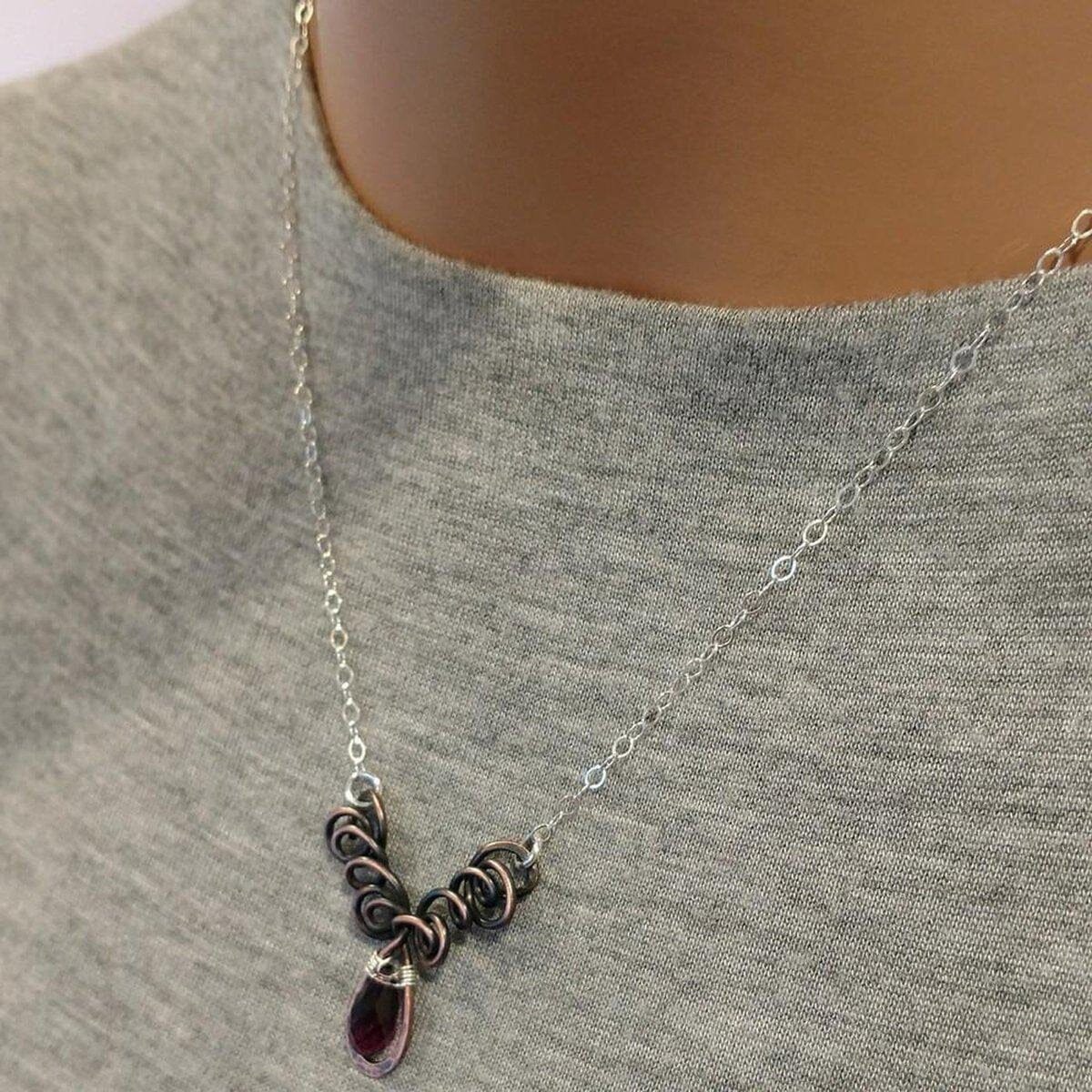 Alexa Martha Designs Necklace Sterling Silver and Copper Wire Sculpted Amethyst Crystal Drop Necklace