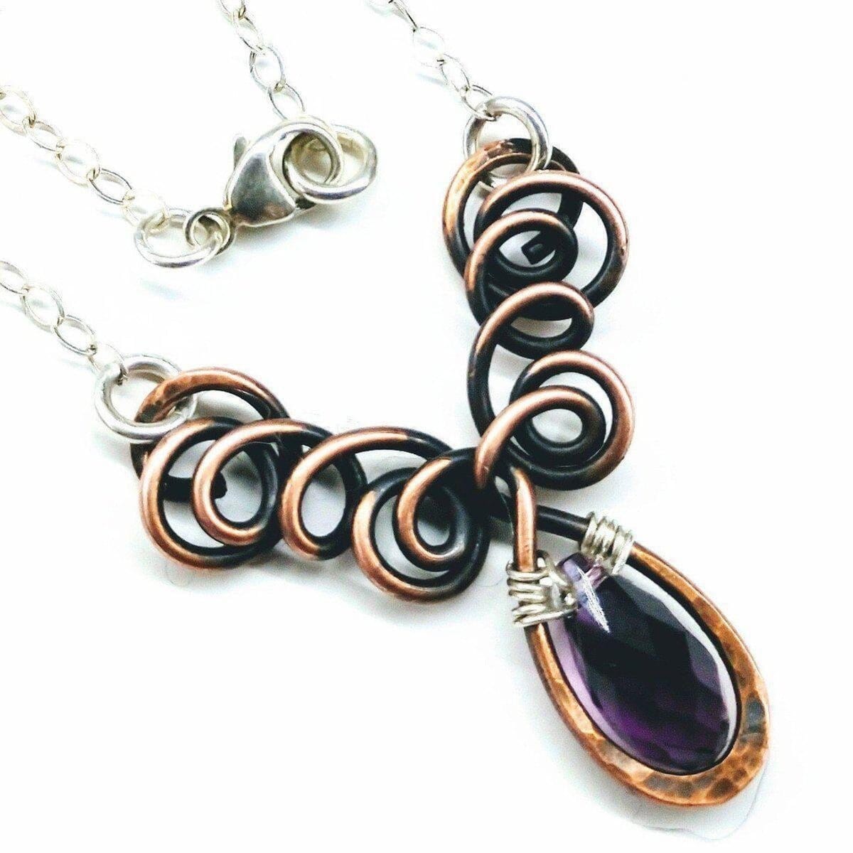 Alexa Martha Designs Necklace Sterling Silver and Copper Wire Sculpted Amethyst Crystal Drop Necklace