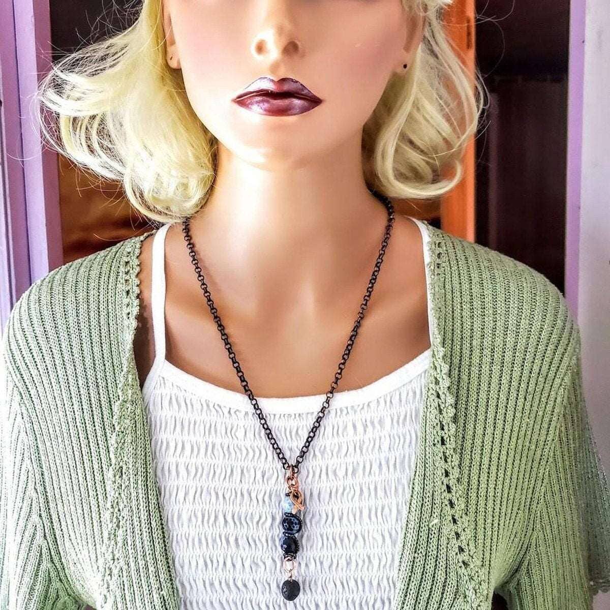 Alexa Martha Designs Pendant Child Abuse Prevention Awareness Beaded Gemstone stick Pendant With Lava Rock Bead Charm Necklace
