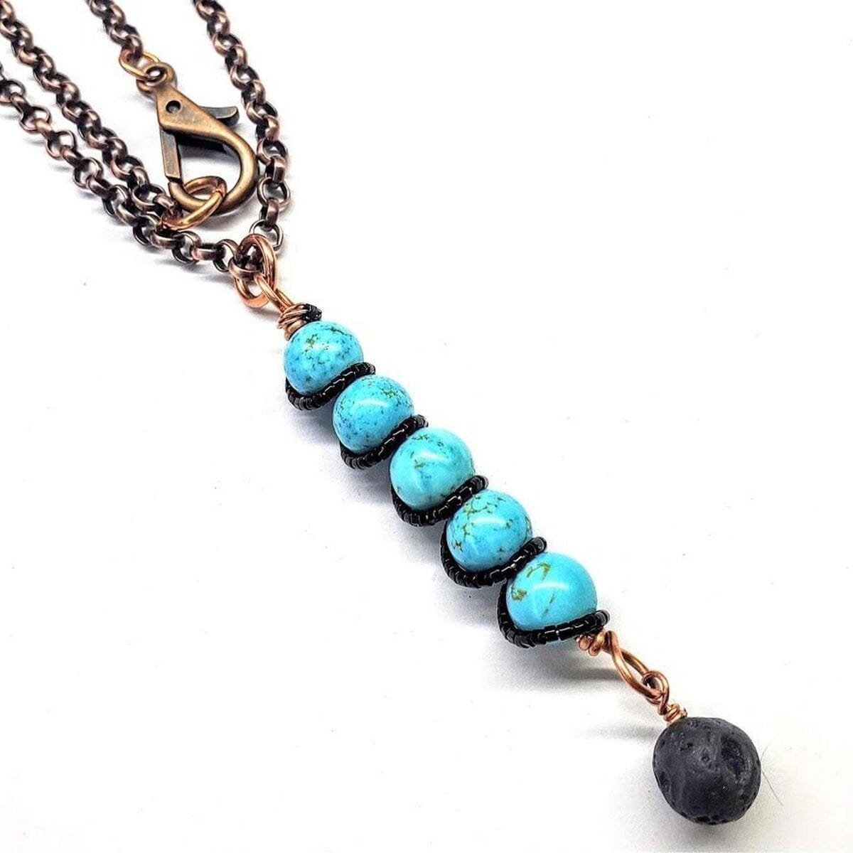 Alexa Martha Designs Pendant Copper Rollo Chain 24 inches Copper Spiral Turquoise Stick Pendant With Essential Oil Lava Rock Bead Charm