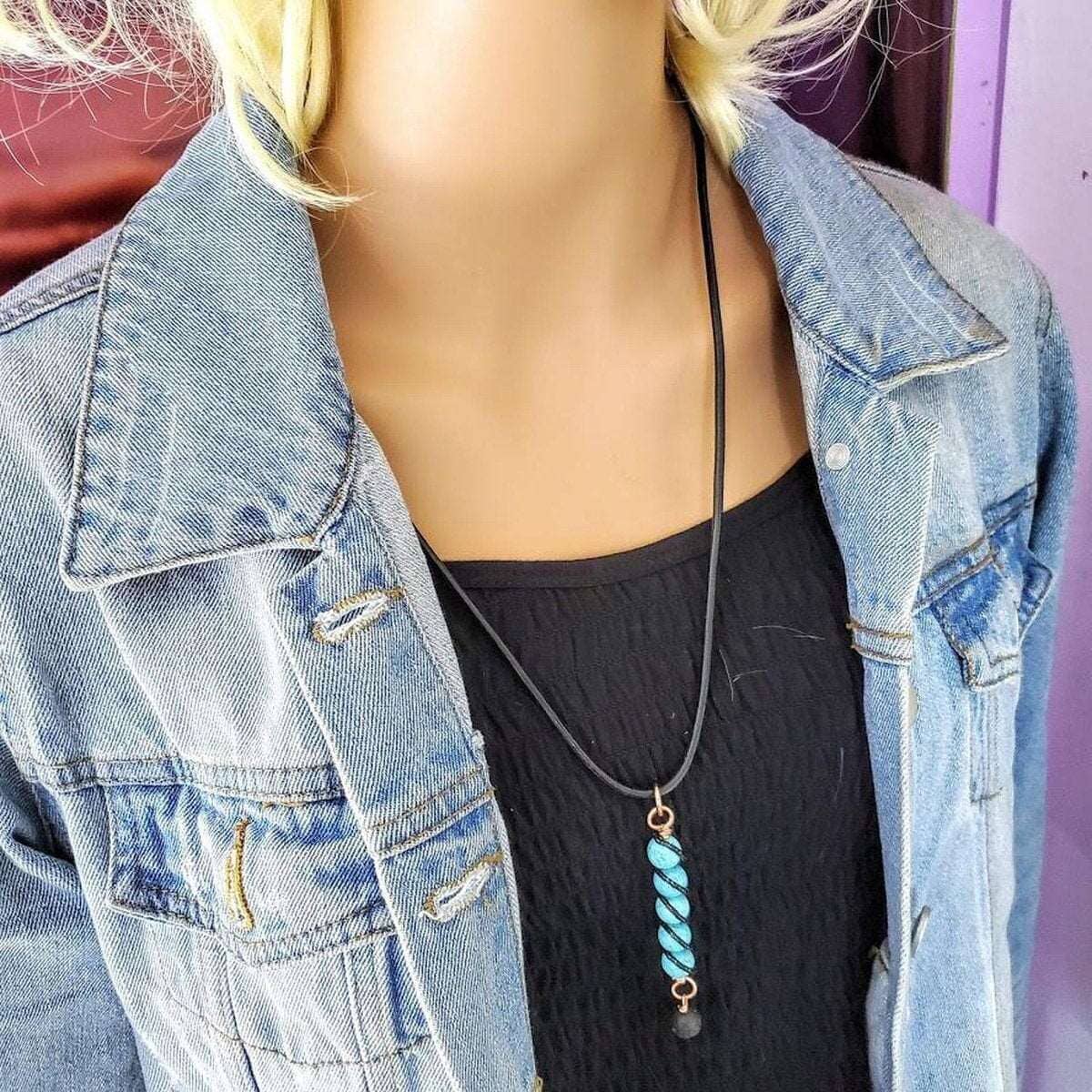 Alexa Martha Designs Pendant Copper Spiral Turquoise Stick Pendant With Essential Oil Lava Rock Bead Charm