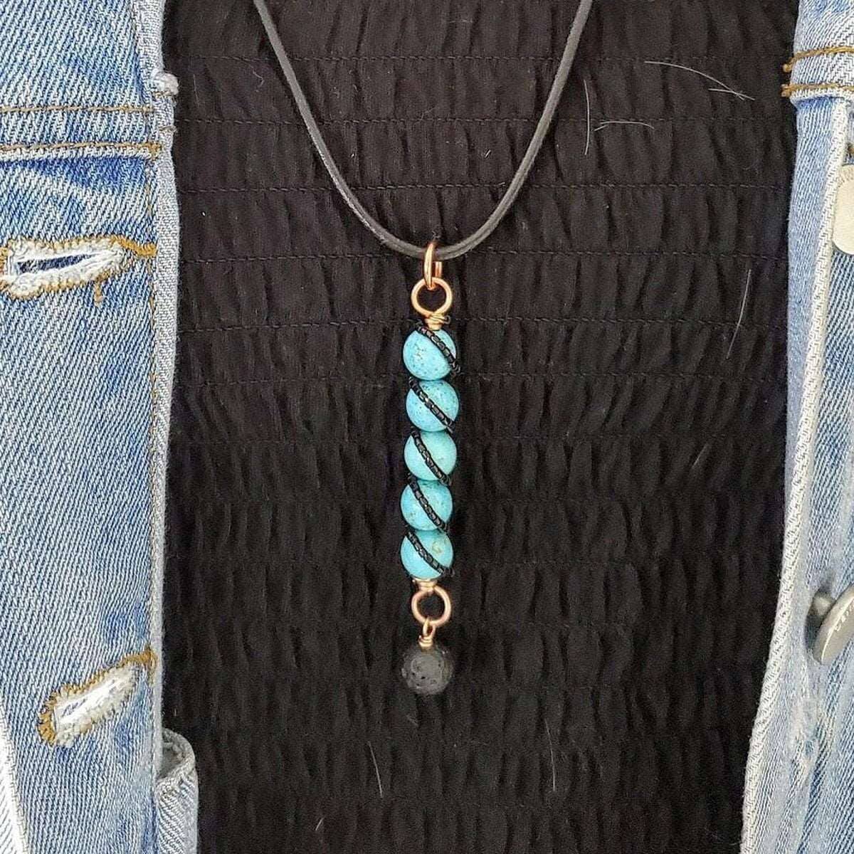 Alexa Martha Designs Pendant Copper Spiral Turquoise Stick Pendant With Essential Oil Lava Rock Bead Charm