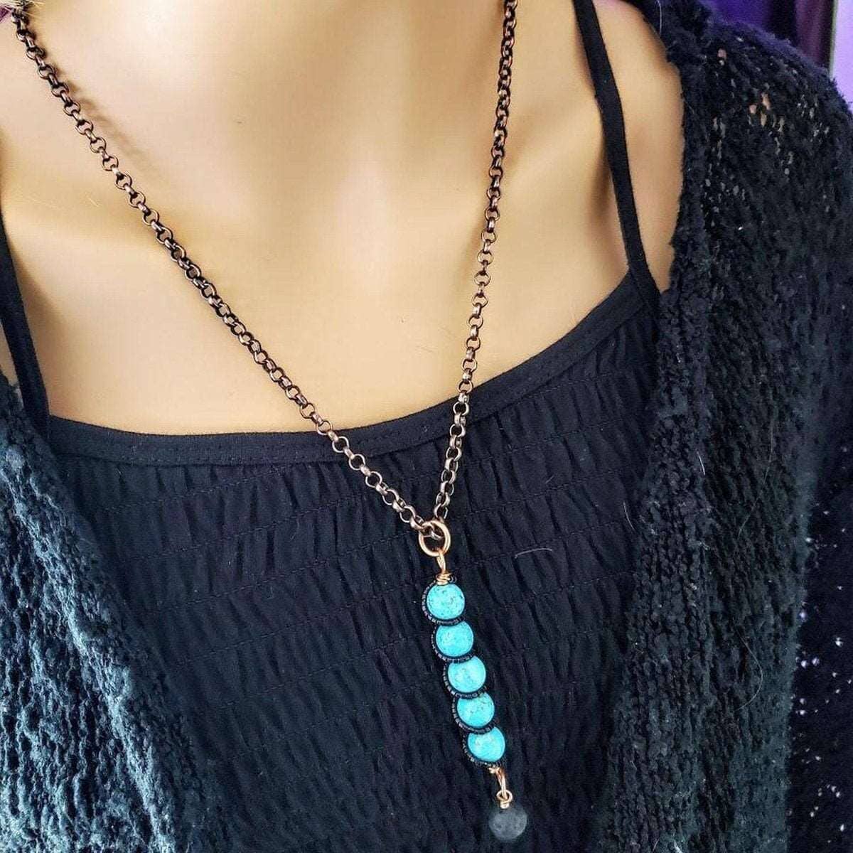 Alexa Martha Designs Pendant Copper Spiral Turquoise Stick Pendant With Essential Oil Lava Rock Bead Charm