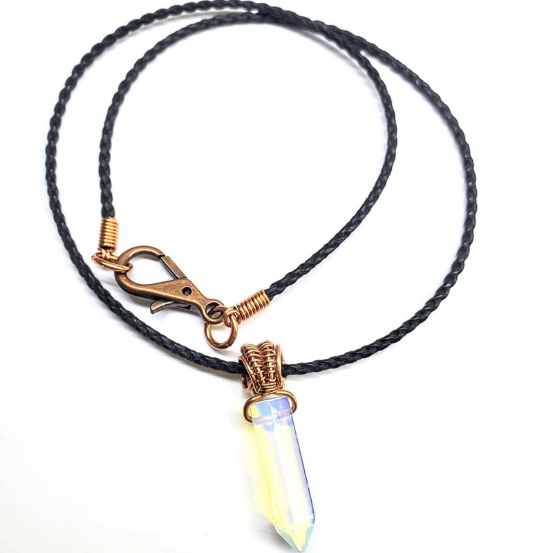 Alexa Martha Designs Pendant Luminescent - Opalite Glass / Black Braided Cotton Bolo Cord 2mm / 20 inches Vegan Friendly Wire Wrapped Pointed Crystal Necklace