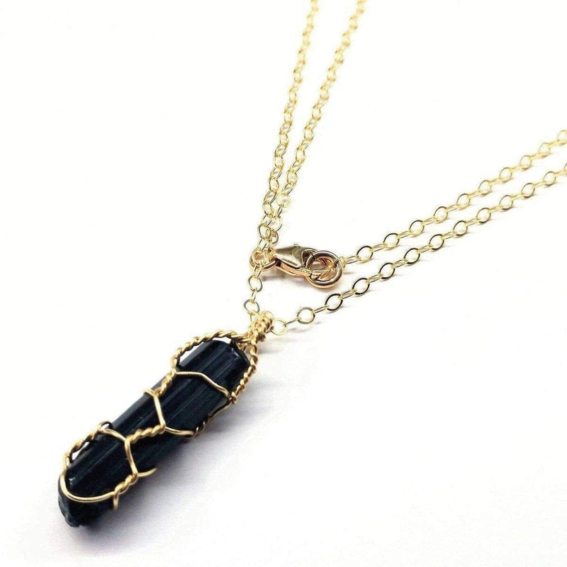 Alexa Martha Designs Women's Pendant Default Title / Gold/Black Alexa Martha Designs Messy Gold Wire Wrapped Black Tourmaline Pointed Crystal Pendant