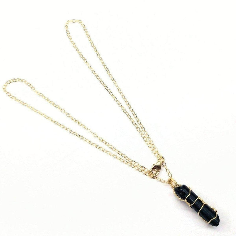 Alexa Martha Designs Women's Pendant Default Title / Gold/Black Alexa Martha Designs Messy Gold Wire Wrapped Black Tourmaline Pointed Crystal Pendant