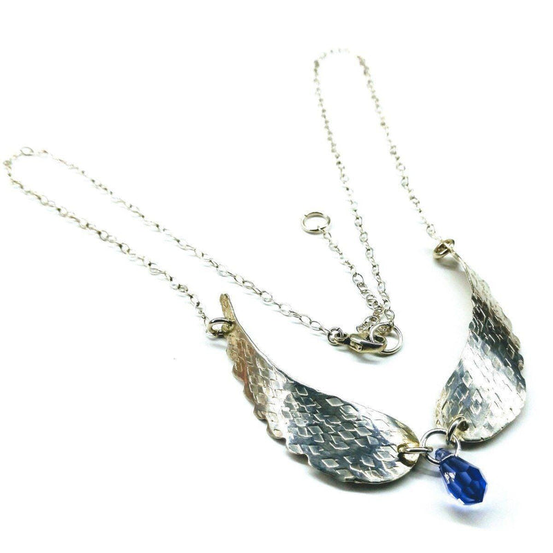 Silver Sculpted Angel Wings Crystal Drop Necklace - Necklace - Alexa Martha Designs   