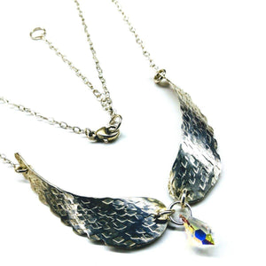 Silver Sculpted Angel Wings Crystal Drop Necklace - Necklace - Alexa Martha Designs   