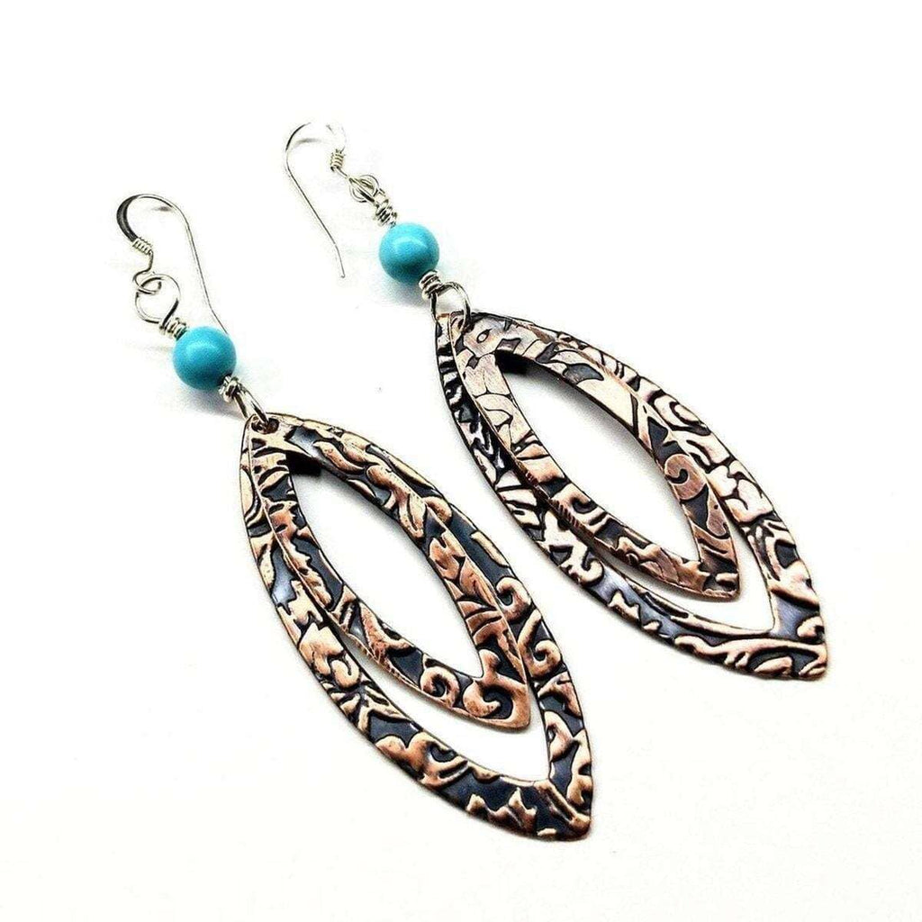Turquoise Copper Embossed Pointed Oval Earrings - Earrings - Alexa Martha Designs   