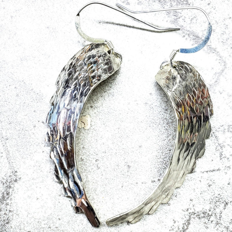 Sterling Silver Hammer Pattern Sculpted Angel Wing Earrings - Earrings - Alexa Martha Designs   