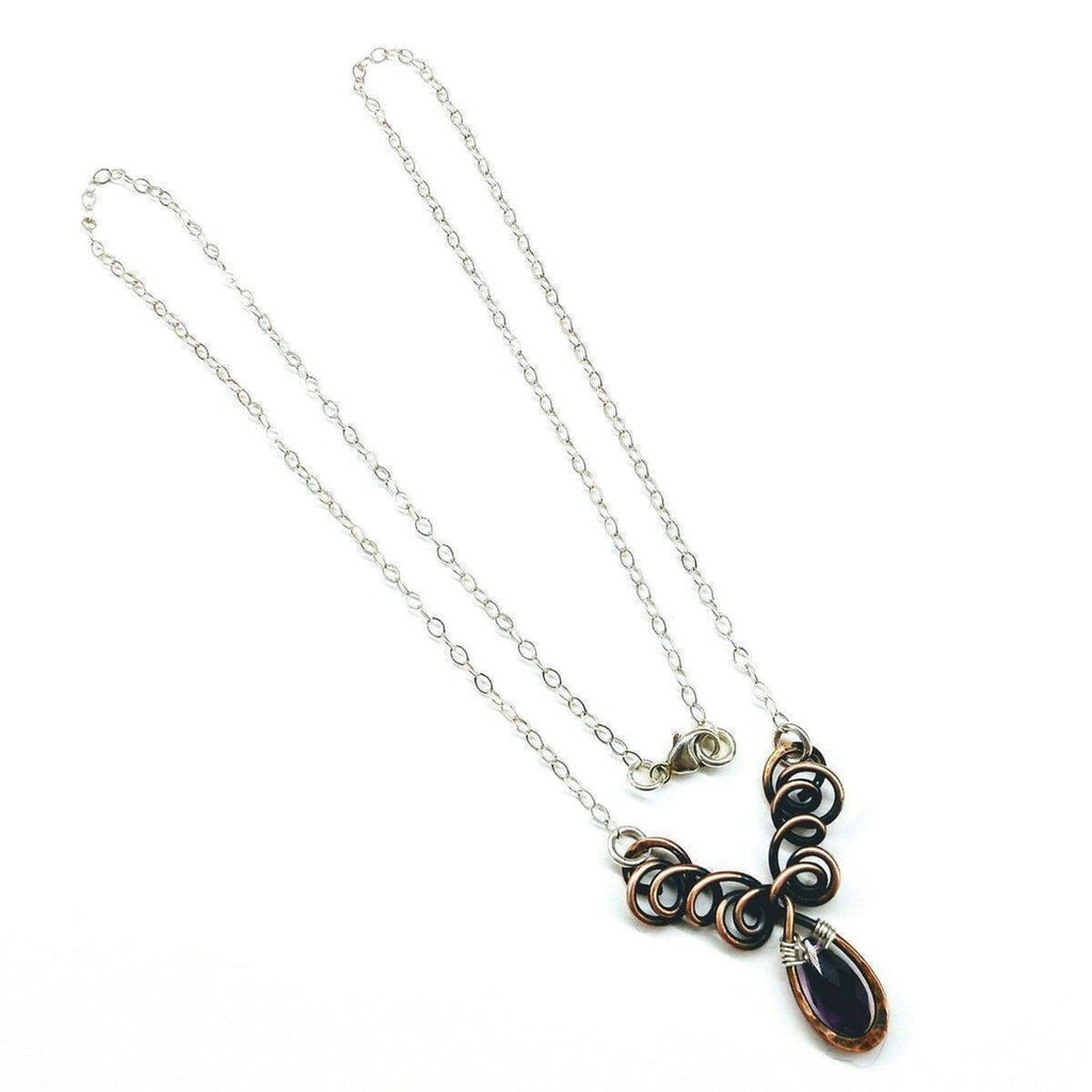 Sterling Silver and Copper Wire Sculpted Amethyst Crystal Drop Necklace - Necklace - Alexa Martha Designs   