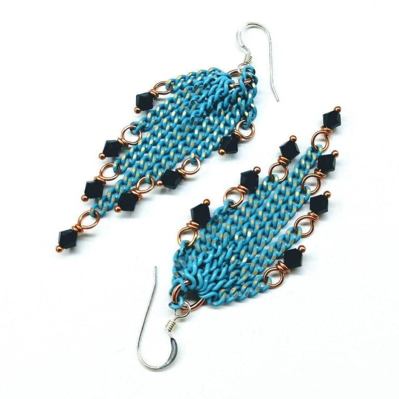 Turquoise Tassel Chain Black Crystal Earrings - Earrings - Alexa Martha Designs   