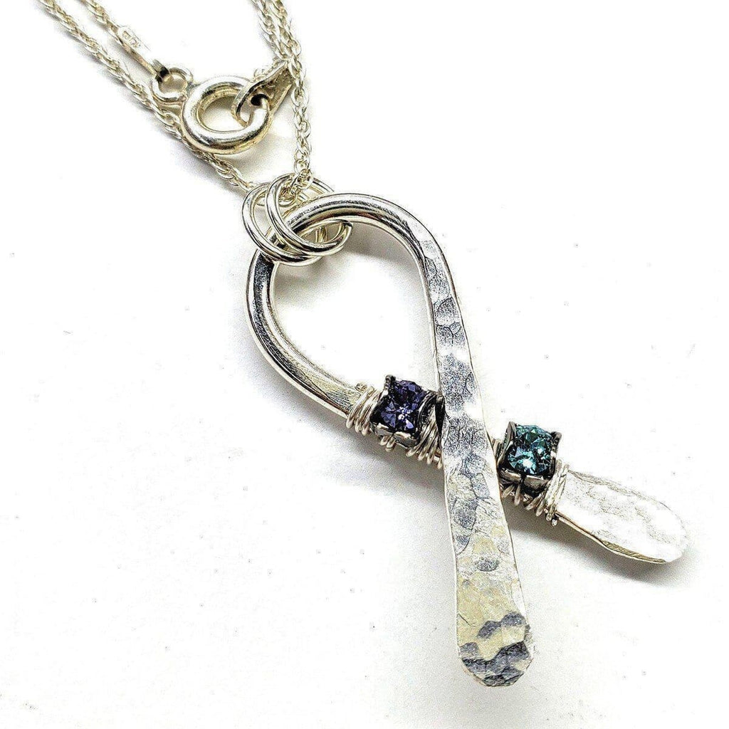Silver Suicide Prevention Awareness Ribbon Necklace with Purple and Teal Crystals - Awareness Ribbons - Alexa Martha Designs   