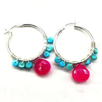 Pink and Sleeping Beauty Turquoise Silver Wire Wrap Hoop Earrings - Hoop Earrings - Alexa Martha Designs   