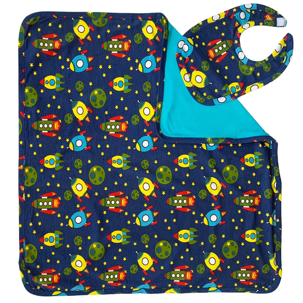AnnLoren Baby Care AnnLoren Baby Toddler Boy Space Ship Blanket & Bib Gift Set 2 pc Knit Cotton