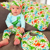 AnnLoren Baby Care Default Title / Green/Multicolor AnnLoren Baby Toddler Boy Dinosaur Blanket & Bib Gift Set 2 pc Knit Cotton