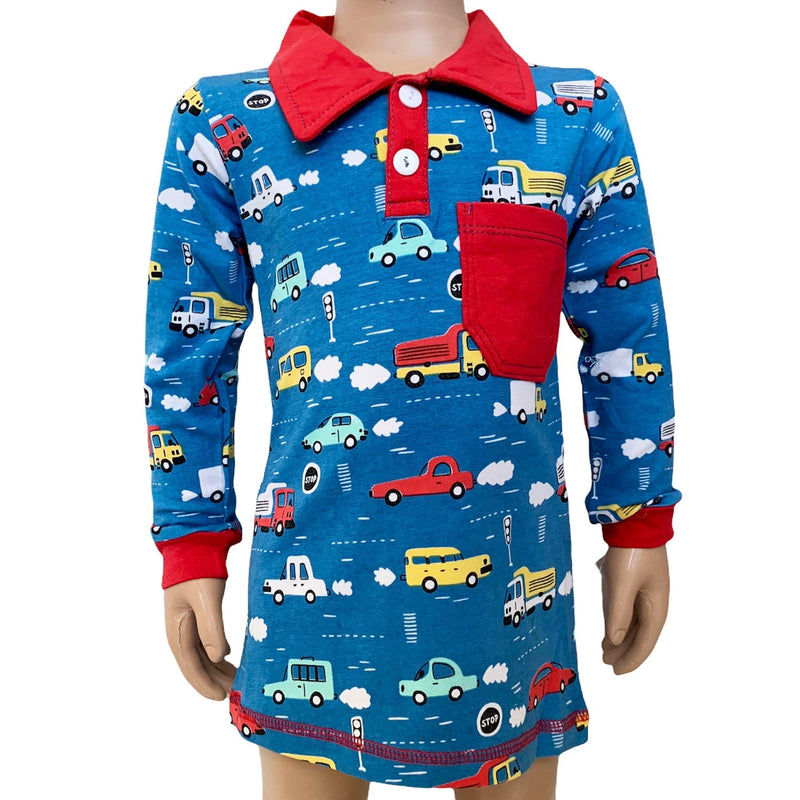 AnnLoren Boy's Shirt AnnLoren Toddler & Big Boys Long Sleeve Polo Shirt with Pocket Automobile Print