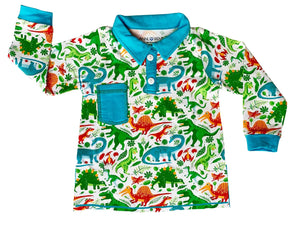 AnnLoren Boy's Shirt AnnLoren Toddler & Big Boys Long Sleeve Polo Shirt with Pocket Dinosaur Print