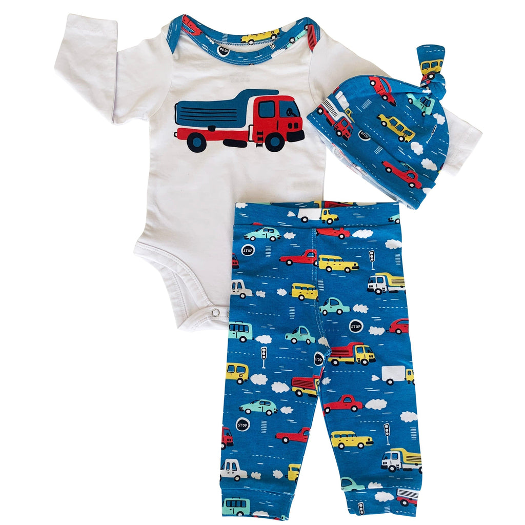 AnnLoren Boys Layette Sets AnnLoren Baby Boys Layette Cars Trucks Long Sleeve Onesie Pants Cap 3pc Gift Set