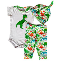AnnLoren Boys Layette Sets AnnLoren Baby Layette Boys Dinosaur Onesie Pants Cap 3pc Gift Set Clothing Sizes 3M - 18M