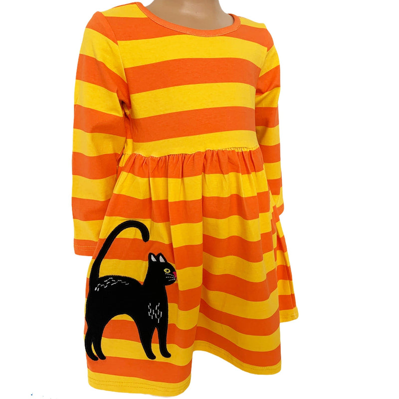 AnnLoren Girl's Dress 2-3T AnnLoren Girls Boutique Black Cat Orange Striped Halloween Dress