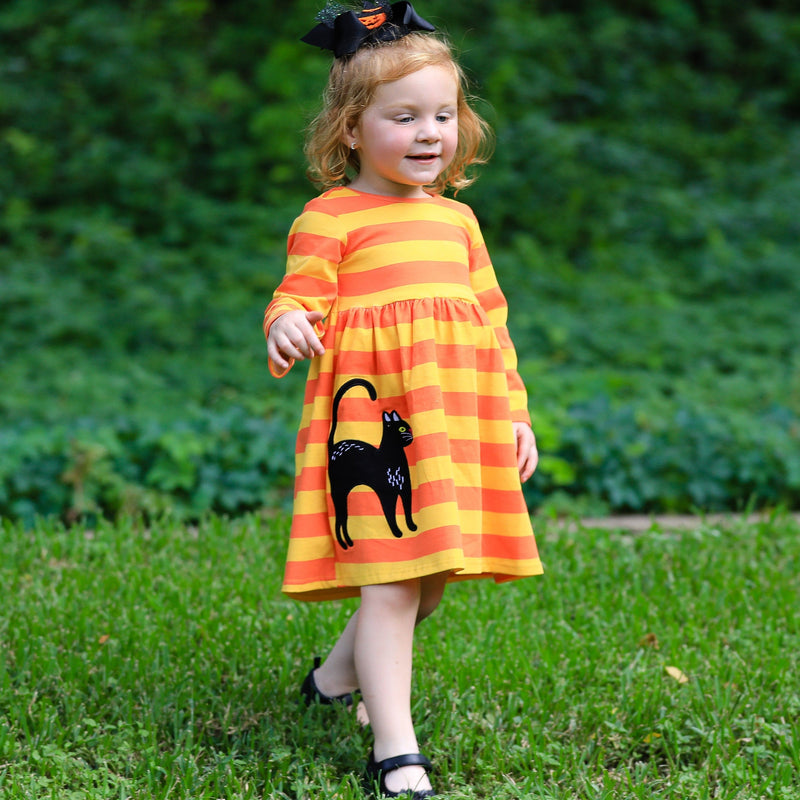 AnnLoren Girl's Dress AnnLoren Girls Boutique Black Cat Orange Striped Halloween Dress
