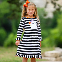 AnnLoren Girl's Dress AnnLoren Girls Boutique Friendly Ghost Striped Halloween Cotton Dress