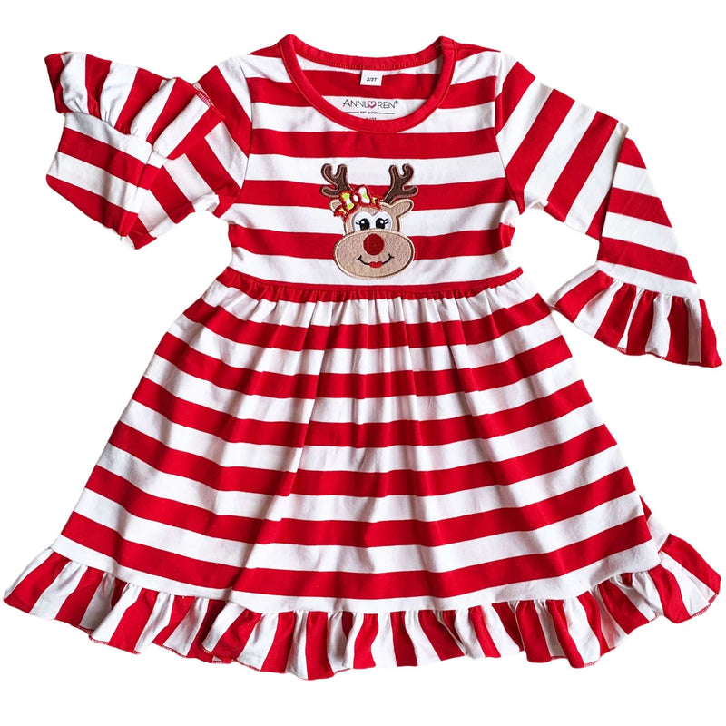 AnnLoren Girl's Dress AnnLoren Girls Boutique Red Stripe Christmas Rudolf the Reindeer Swing Dress