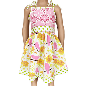 AnnLoren Girl's Dress AnnLoren Girls Dress Spring Birds and Pink Arabesque Cotton Knit Spaghetti Straps