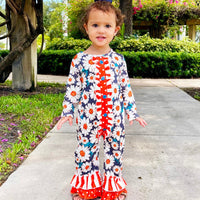AnnLoren Girl's Jumpsuit & Rompers AL Limited Orange Daisy Floral Baby Girls Long Sleeve Tuxedo Lace Romper