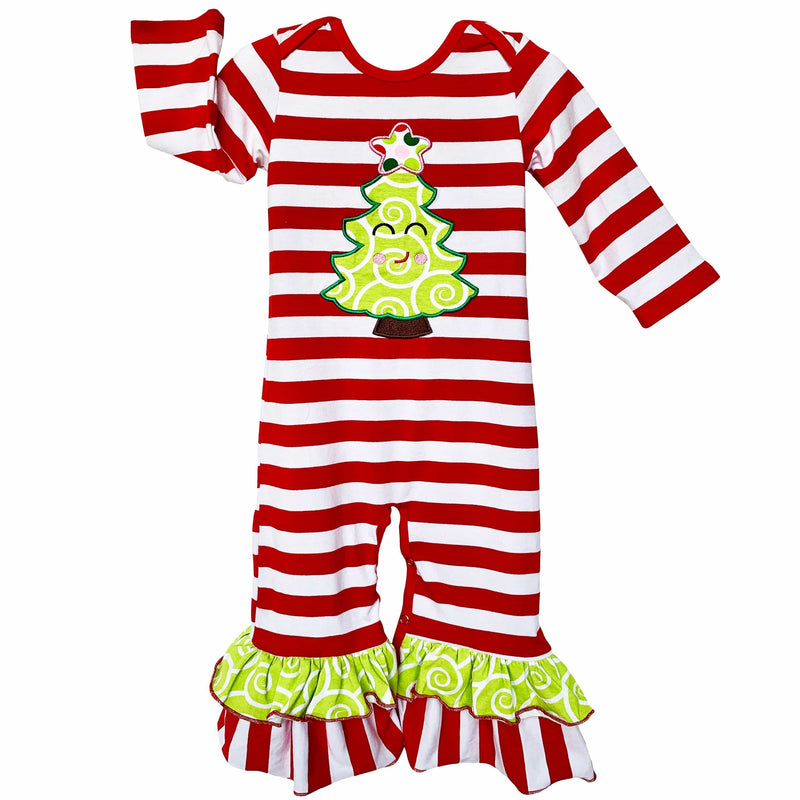 AnnLoren Girl's Jumpsuits & Rompers 12-18 mo AnnLoren Baby Girls Boutique Happy Christmas Tree Red Striped Romper sz 6M-24M