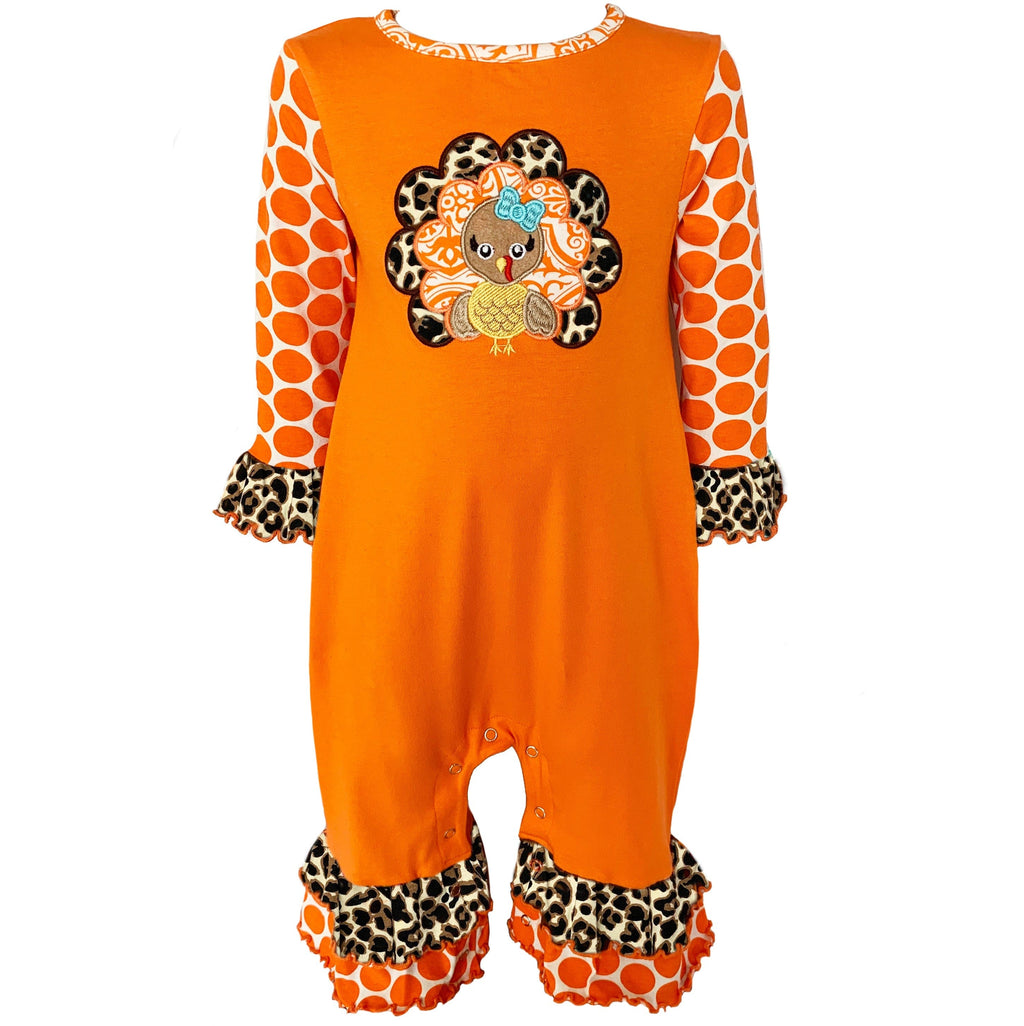 AnnLoren Girl's Jumpsuits & Rompers AnnLoren Baby Girls Orange Turkey Thanksgiving Autumn Holiday Cotton Romper