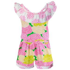 AnnLoren Girl's Jumpsuits & Rompers AnnLoren Big Little Girls Pink Bloom Floral Polka Dots Shorts Jumpsuit Summer One Piece Outfit