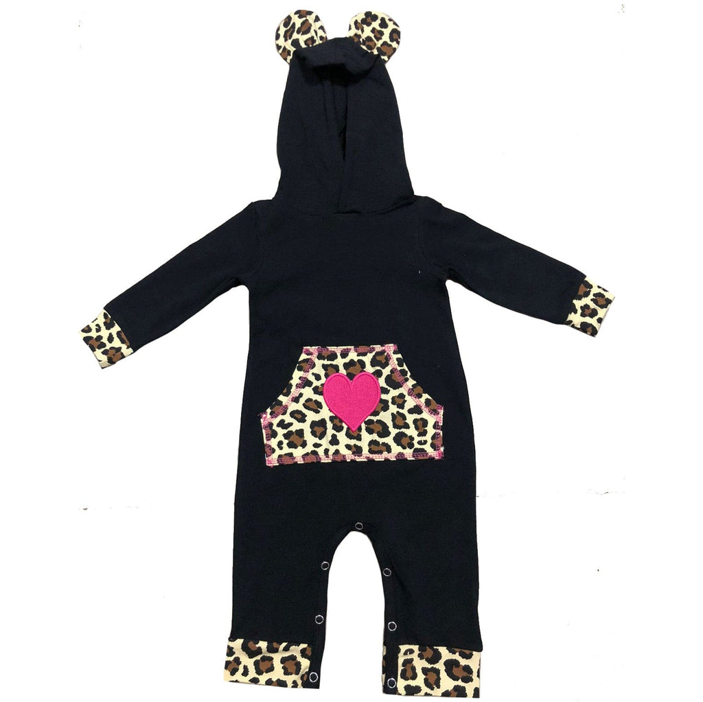 AnnLoren Girl's Jumpsuits & Rompers AnnLoren Girls Long Sleeve Leopard Heart Baby Toddler Romper Hoodie One Piece