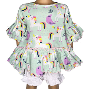 AnnLoren Girl's Shirt AnnLoren Little & Big Girls 3/4 Angel Sleeve Unicorn Cotton Knit Ruffle Shirt
