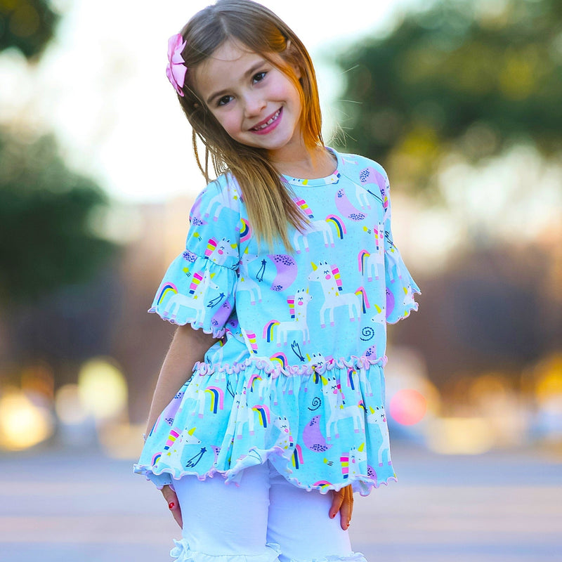 AnnLoren Girl's Shirt AnnLoren Little & Big Girls 3/4 Angel Sleeve Unicorn Cotton Knit Ruffle Shirt