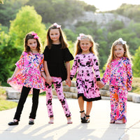 AnnLoren Girls Dress AnnLoren Girls Boutique Pink Black White Tie Dye Long Sleeve Cotton Dress