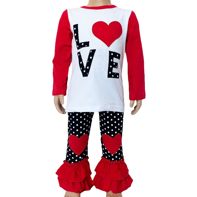 AnnLoren Girls Standard Sets 12-18 mo AL Limited Girls Valentine's Day LOVE Long Sleeve T Shirt & Heart Ruffle Pants Set