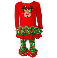 AnnLoren Girls Standard Sets 2-3T AnnLoren Girls Boutique Winter Holiday Rudolph Reindeer Tunic and Legging Set sz 2/3T-9/10