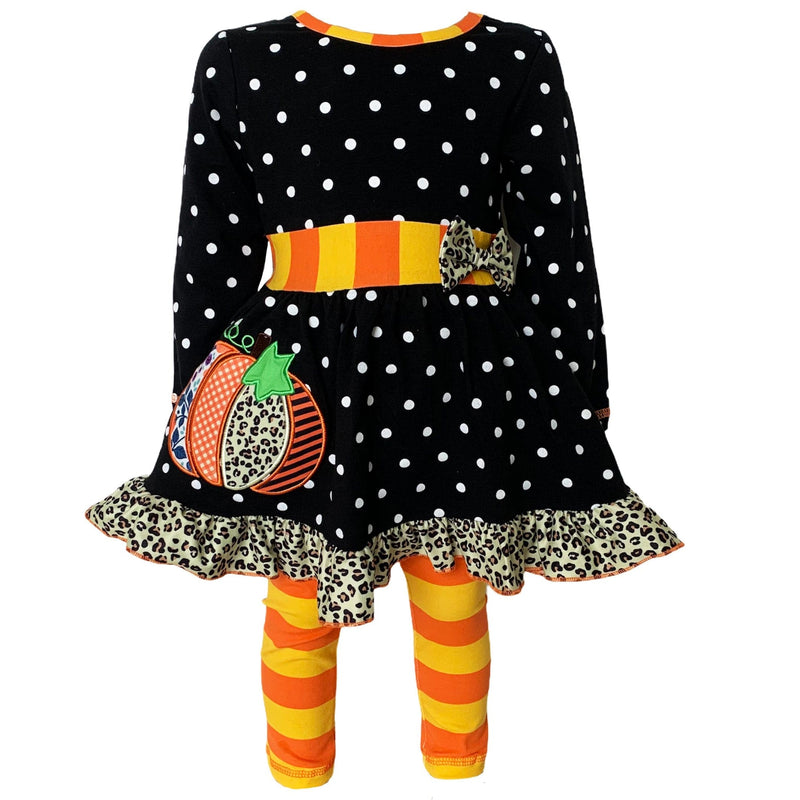 AnnLoren Girls Standard Sets 6-6X AnnLoren Girls Autumn Black Polka Dot Orange Pumpkin Dress & Leggings Outfit