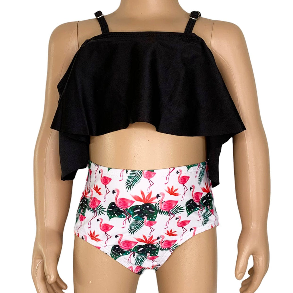 AnnLoren Girls Standard Sets AL Limited Girls 2 piece Black Ruffle Pink & Black Floral Bikini bathing suit