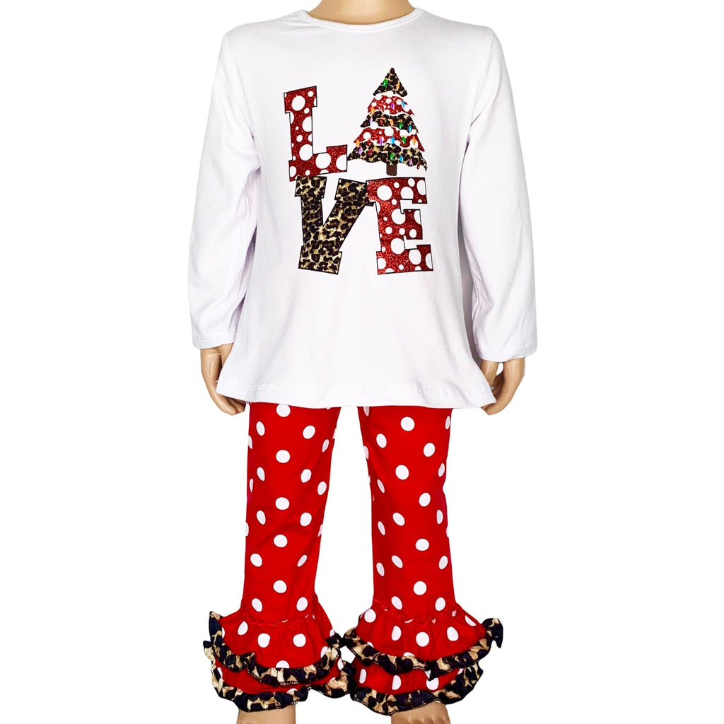 AnnLoren Girls Standard Sets AL Limited Girls LOVE Christmas Top & Red Polka Dot Ruffle Pants Set