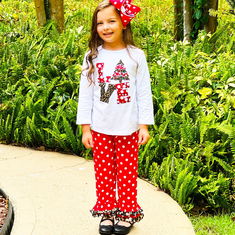 AnnLoren Girls Standard Sets AL Limited Girls LOVE Christmas Top & Red Polka Dot Ruffle Pants Set