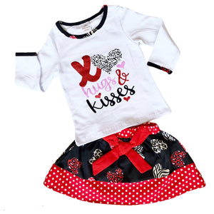 AnnLoren Girls Standard Sets AL Limited Girls Valentine's Day Long Sleeve Shirt & Hearts Skirt Set