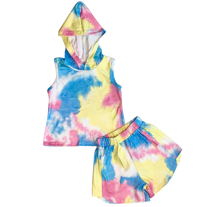 AnnLoren Girls Standard Sets AL Limited Little & Big Girls Pastel Tie Dye Hoodie Top Shorts Camp Outfit