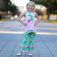 AnnLoren Girls Standard Sets AnnLoren Big Little Girls Easter Bunny Tunic Spring Floral Ruffle Capri Pants Outfit