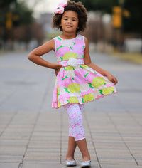 AnnLoren Girls Standard Sets AnnLoren Big Little Girls Toddler Boutique Bouquet Spring Floral Dress & Capri Legging Party Outfit