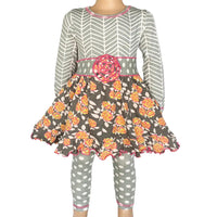 AnnLoren Girls Standard Sets AnnLoren Boutique Grey Shabby Floral & Herringbone Dress & Polka Dot Leggings