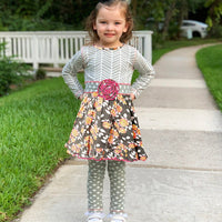 AnnLoren Girls Standard Sets AnnLoren Boutique Grey Shabby Floral & Herringbone Dress & Polka Dot Leggings