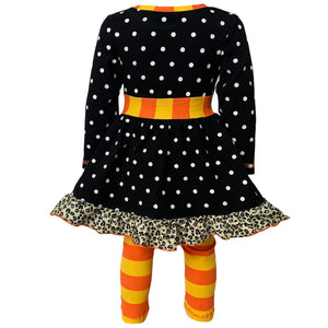 AnnLoren Girls Standard Sets AnnLoren Girls Autumn Black Polka Dot Orange Pumpkin Dress & Leggings Outfit
